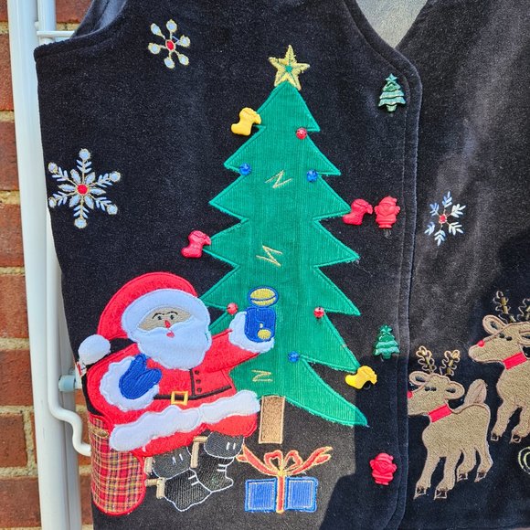 Tantrums black vest christmas  tree reindeer santa sleigh velour front Sz Small - Picture 2 of 7